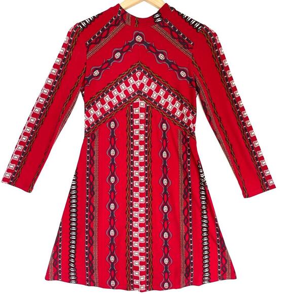 Free People Dresses & Skirts - FREE PEOPLE Stella Dress Womens XS Red Bold Print Knit Mini Long Sleeve Boho